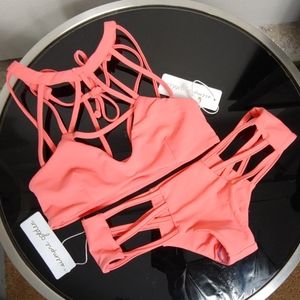 Siempre Golden 2 Piece Coral Swim Small New
